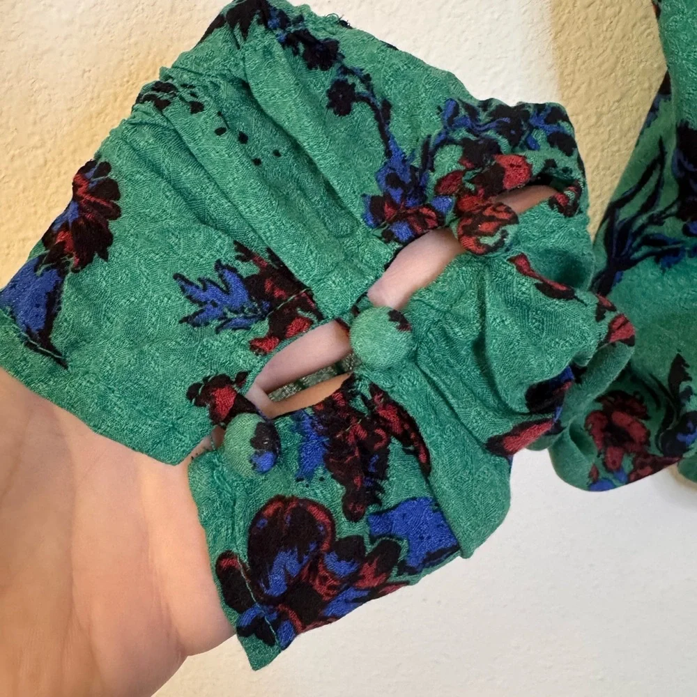 NEW Free People Green Puff Sleeve Ruched Blouse